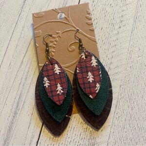 Winter Christmas Leather Earrings Red Green Distressed